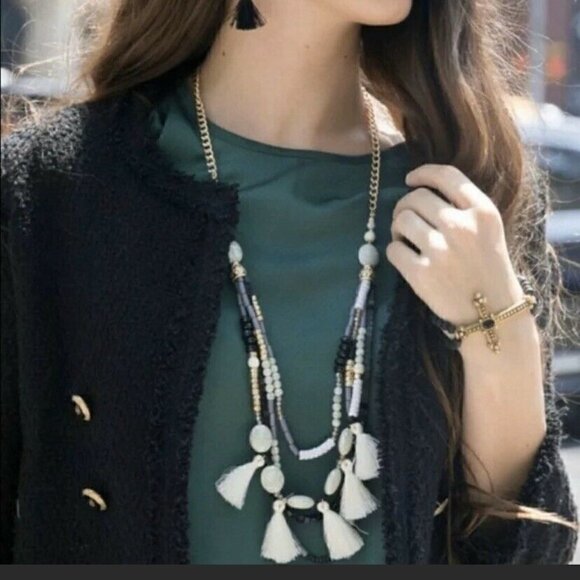 PLUNDER Izzy Necklace Neutral Color Beads Tassels - Picture 3 of 4